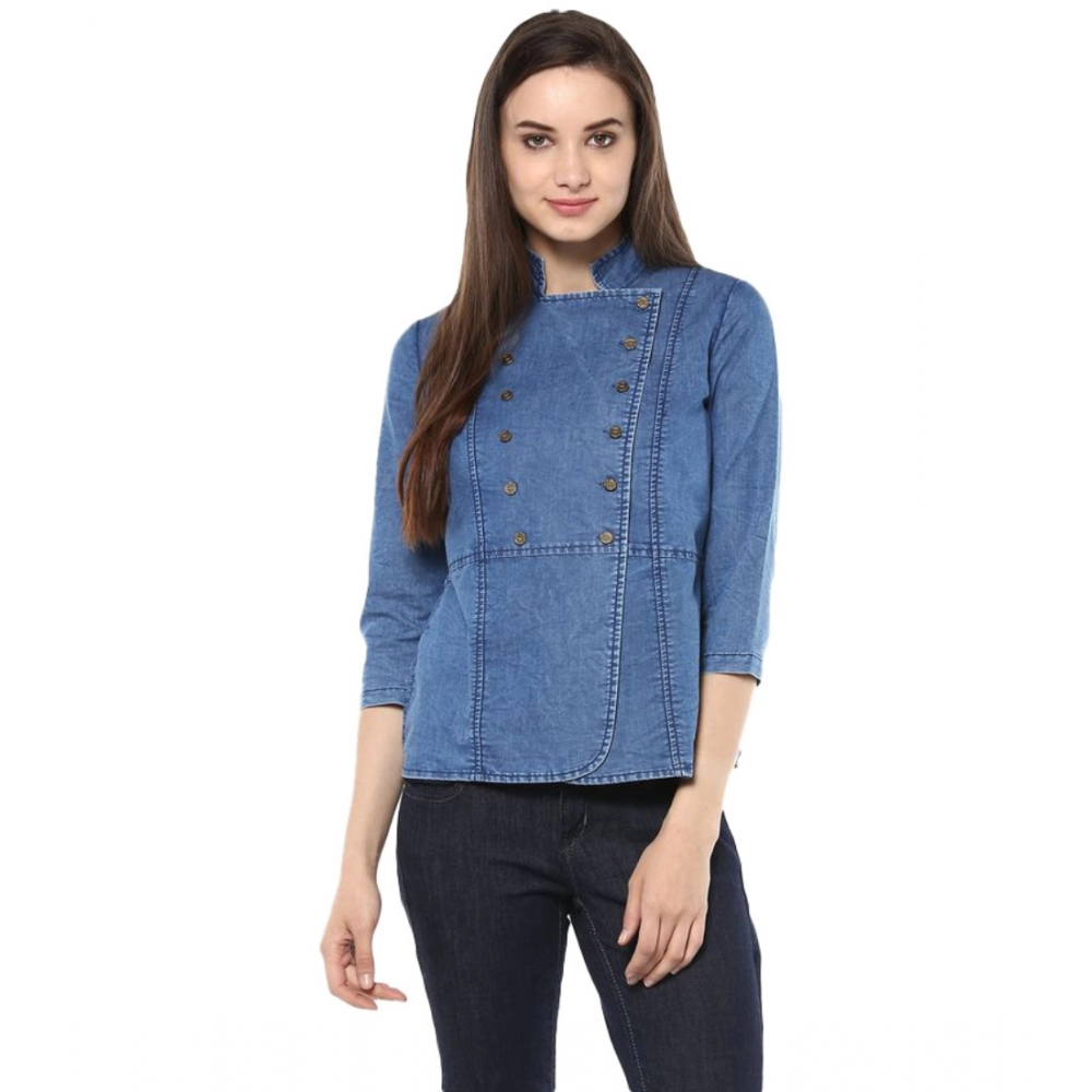54041835494_0c8d379133_o_d-1000x1000-1.webp Women's Denim Solid 3-4th Sleeves Regular Top (Blue) - Image 1