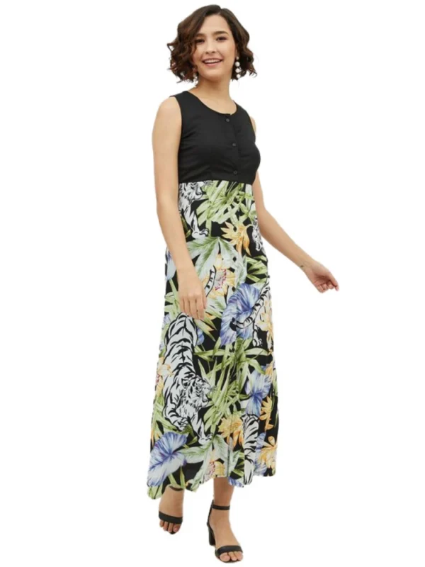 Women's Rayon Floral Sleeveless Calf-length Dress (Multicolor)