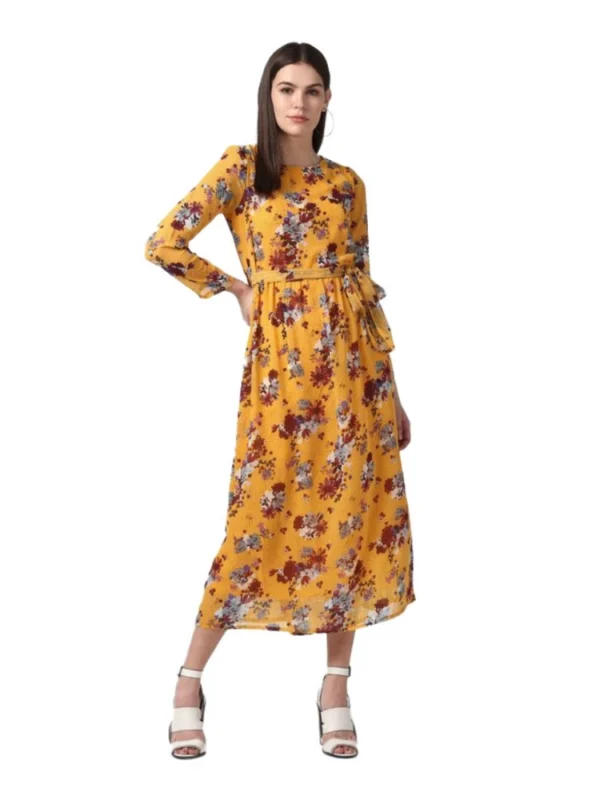 Women's Polyester Floral Long Sleeves Calf-length Dress (Yellow)