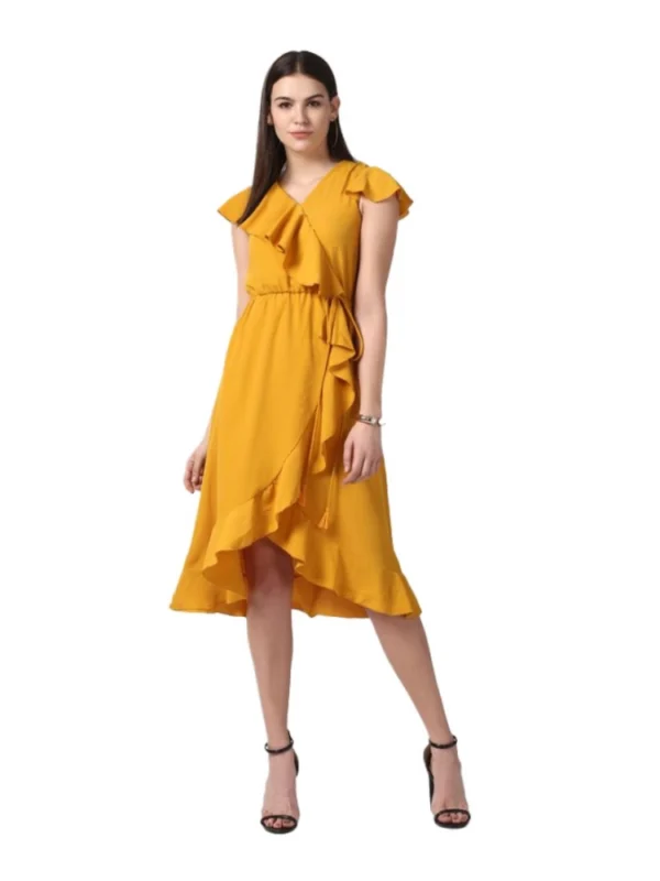 Women's Polyester Ruffled Cap Sleeve Knee-Length Dress (Yellow)