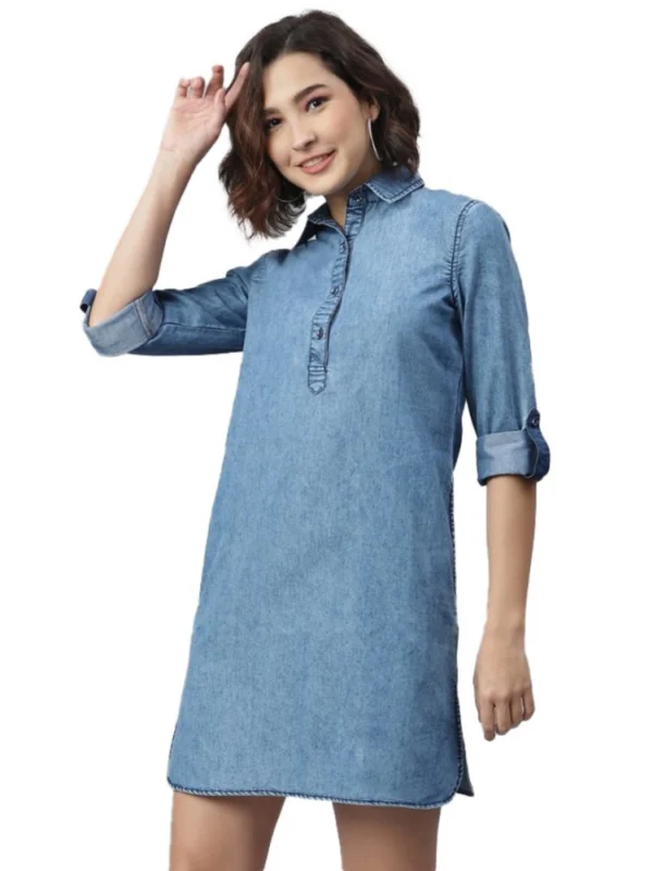 Women's Denim Solid Long Sleeves Above Knee Dress (Ice Blue)