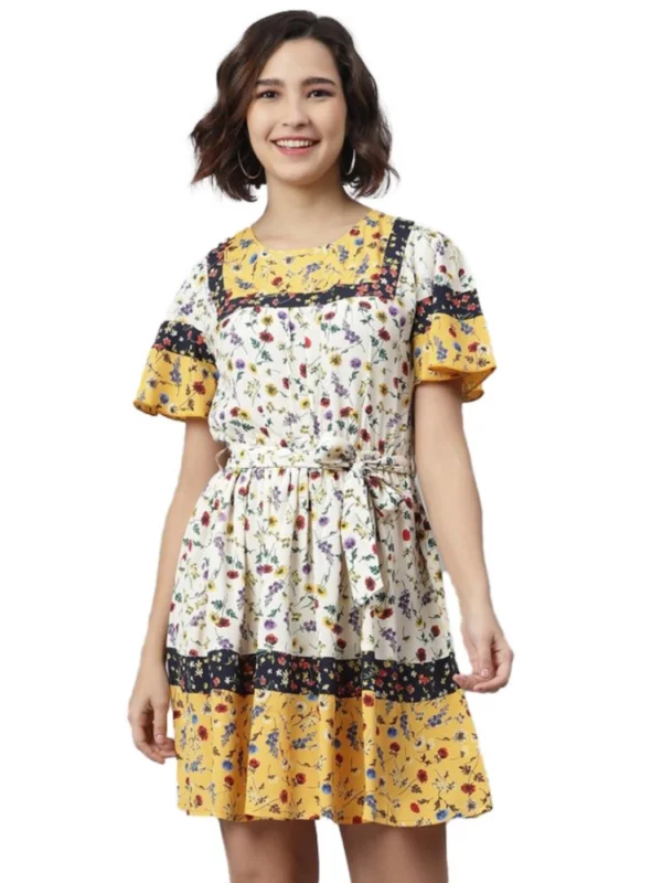 Women's Polyester Floral Flutter Above Knee Dress (Multicolor)