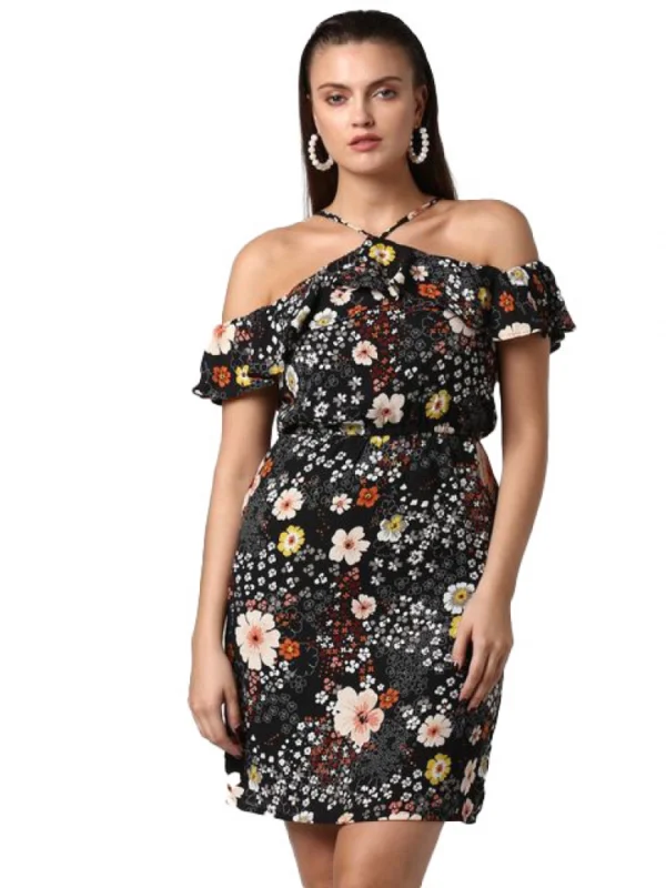 Women's Polyester Floral Cold Shoulder Above Knee Dress (Black)
