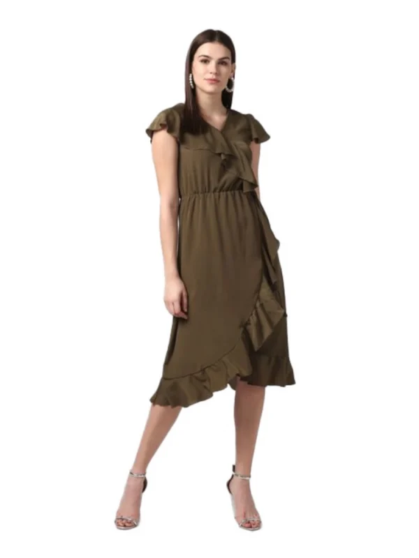 Women's Polyester Ruffled Cap Sleeve Knee-Length Dress (Olive)