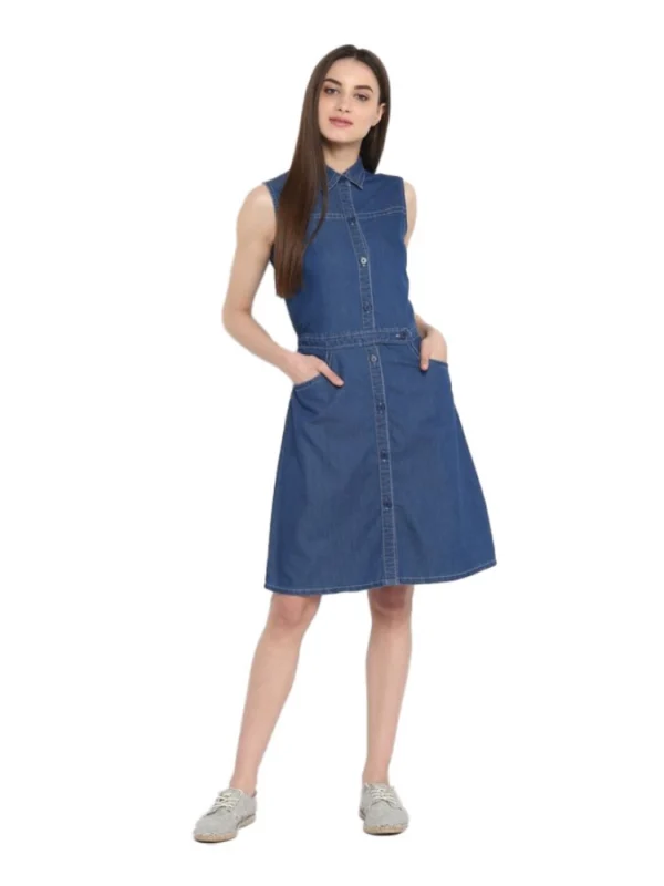 Women's Denim Solid Sleeveless Above Knee Dress (Blue)