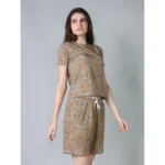 Women's Cotton Blended Printed Round Neck Half Sleeve Top - Shorts Set (Beige) - Image 3