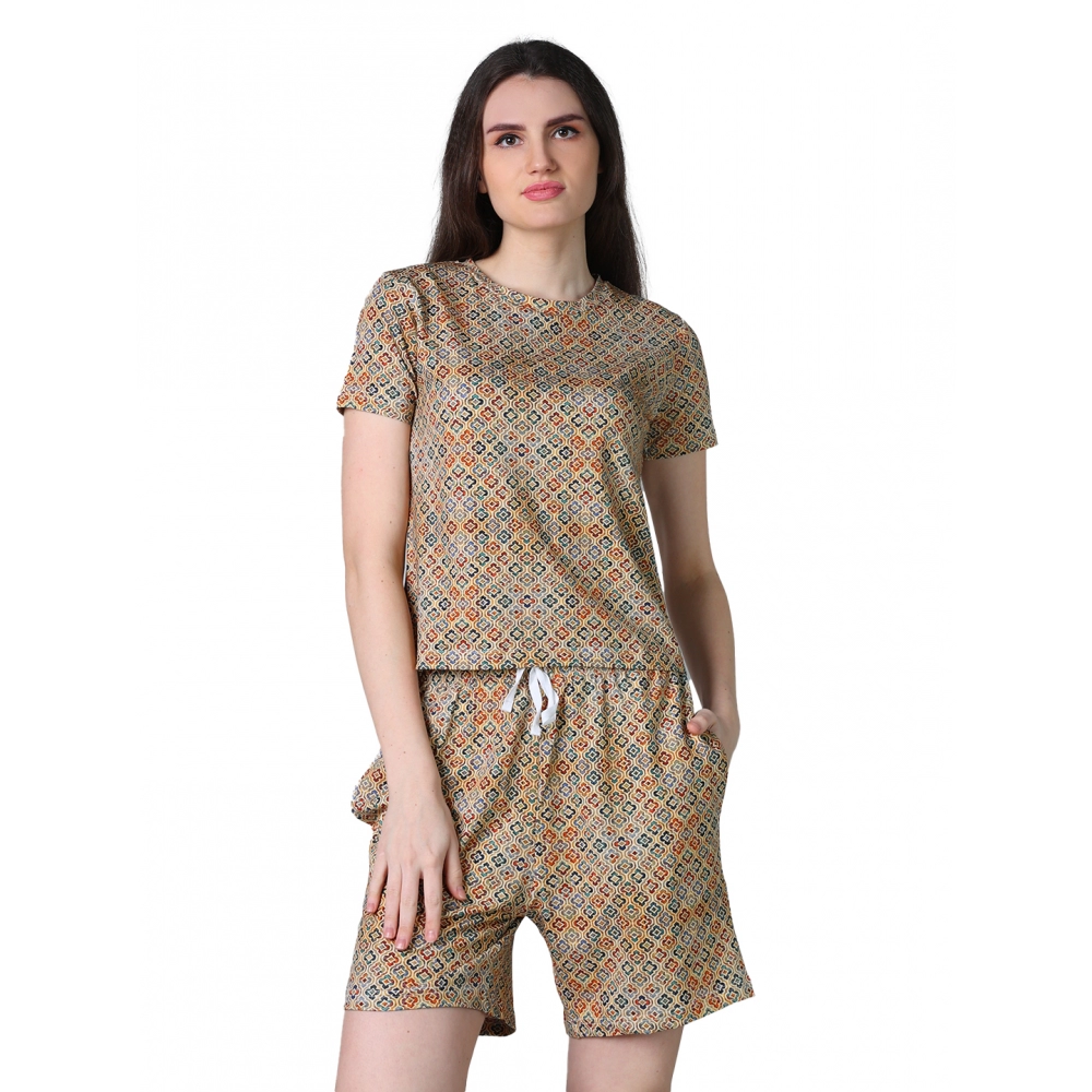 54089884451_d5454cee5a_o_d-1000x1000-1.webp Women's Cotton Blended Printed Round Neck Half Sleeve Top - Shorts Set (Beige) - Image 1