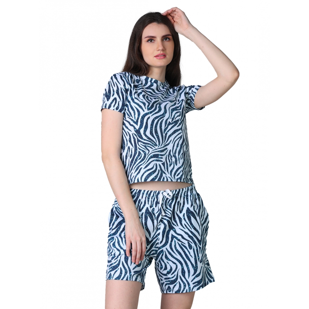54089884496_0f430590d2_o_d-1000x1000-1.webp Women's Cotton Blended Printed Round Neck Half Sleeve Top - Shorts Set (Blue) - Image 1
