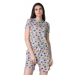 Women's Cotton Blended Printed Round Neck Half Sleeve Top - Shorts Set (Grey)