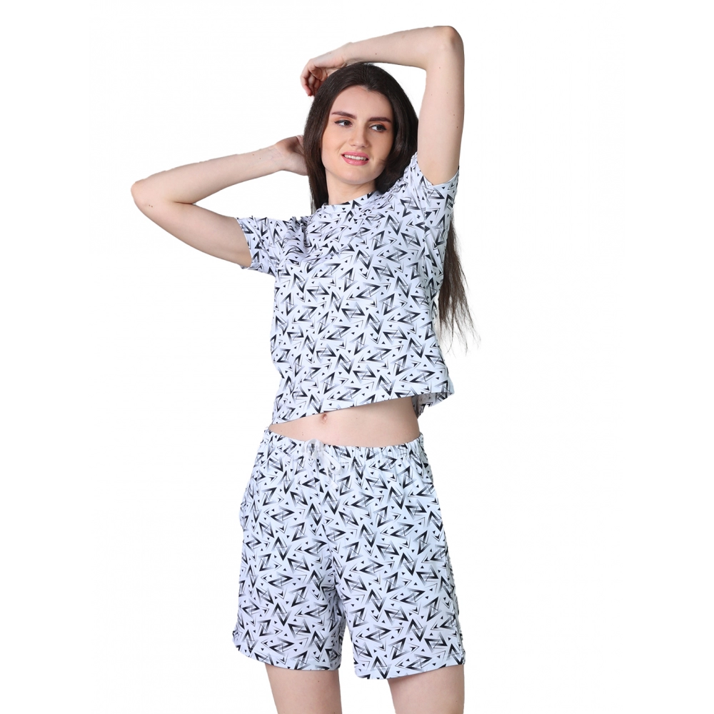 54090134428_b33dd8e393_o_d-1000x1000-1.webp Women's Cotton Blended Printed Round Neck Half Sleeve Top - Shorts Set (White-Black) - Image 1