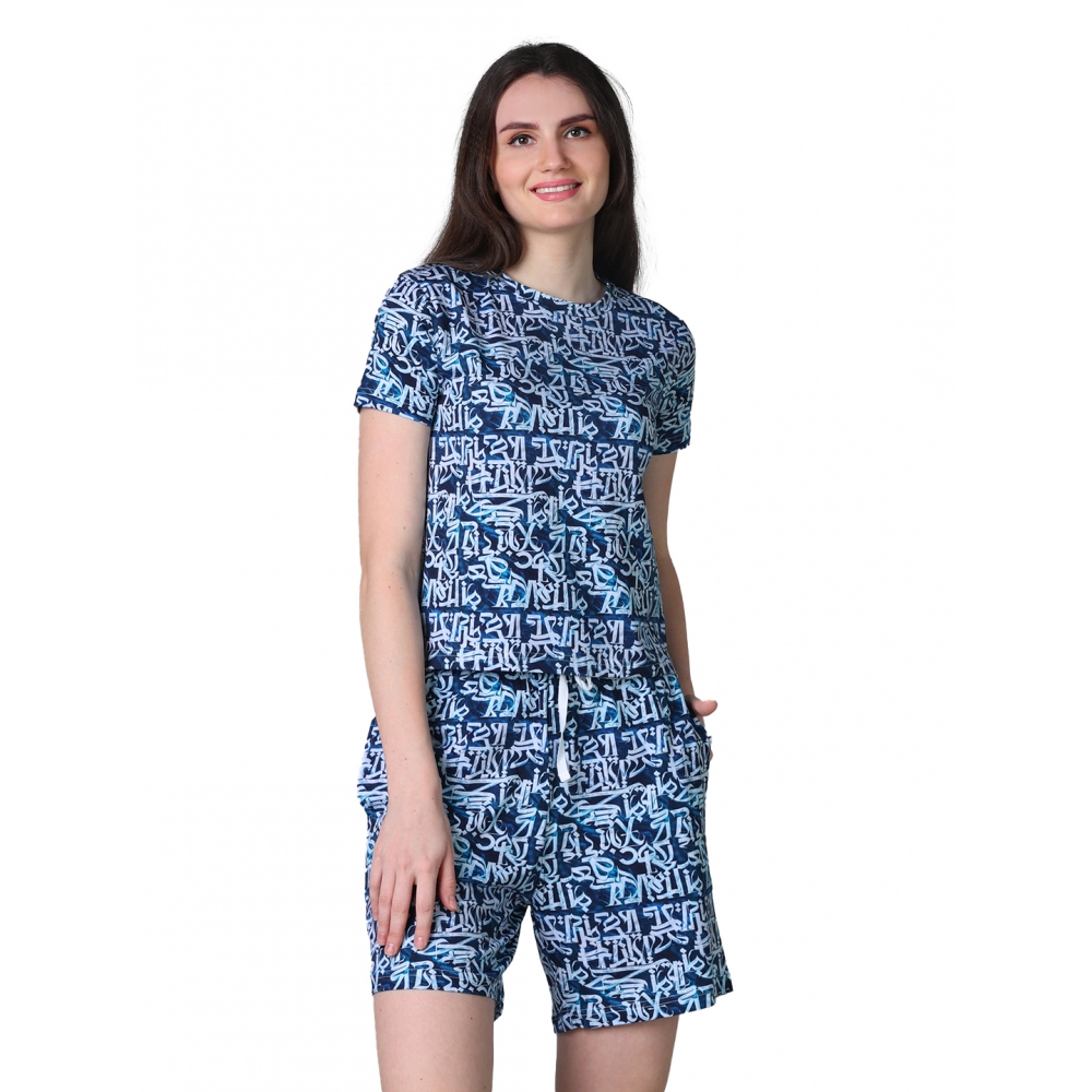 54090134493_46e5c57211_o_d-1000x1000-1.webp Women's Cotton Blended Printed Round Neck Half Sleeve Top - Shorts Set (White-Blue) - Image 1