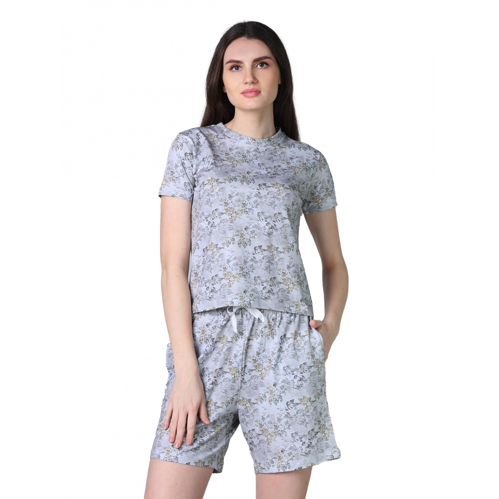 54090217419_03e3619191_o_d-1000x1000-1.webp Women's Cotton Blended Printed Round Neck Half Sleeve Top - Shorts Set (Grey) - Image 1