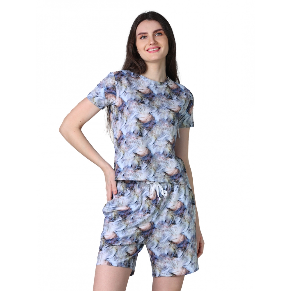 54090217469_869e9886b9_o_d-1000x1000-1.webp Women's Cotton Blended Printed Round Neck Half Sleeve Top - Shorts Set (Blue-Peach) - Image 1