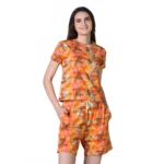 Women's Cotton Blended Printed Round Neck Half Sleeve Top - Shorts Set (Yellow)