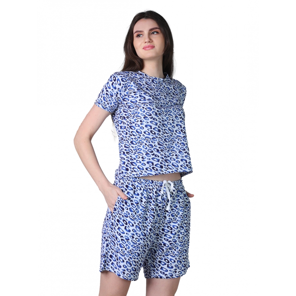 54090217589_a89e6dd634_o_d-1000x1000-1.webp Women's Cotton Blended Printed Round Neck Half Sleeve Top - Shorts Set (Blue) - Image 1