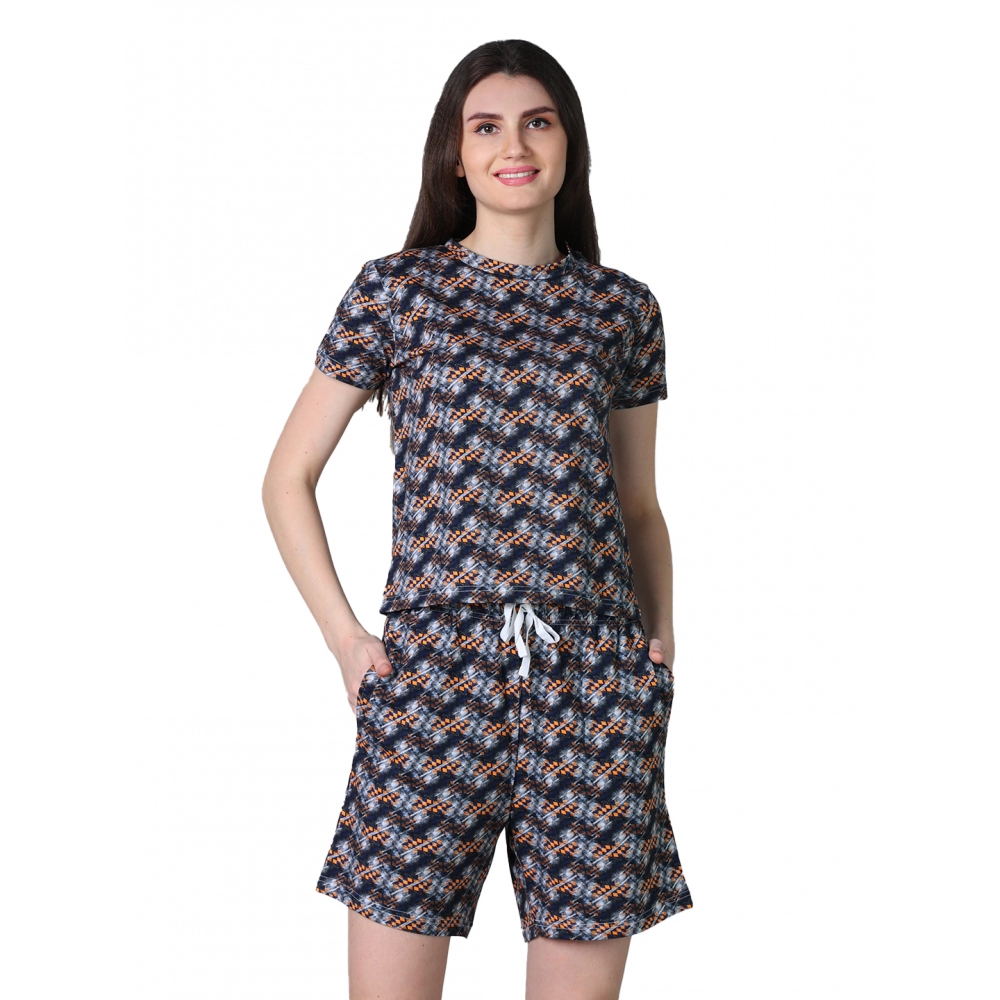 54090337265_94e2344a3c_o_d-1000x1000-1.webp Women's Cotton Blended Printed Round Neck Half Sleeve Top - Shorts Set (Blue-Brown) - Image 1