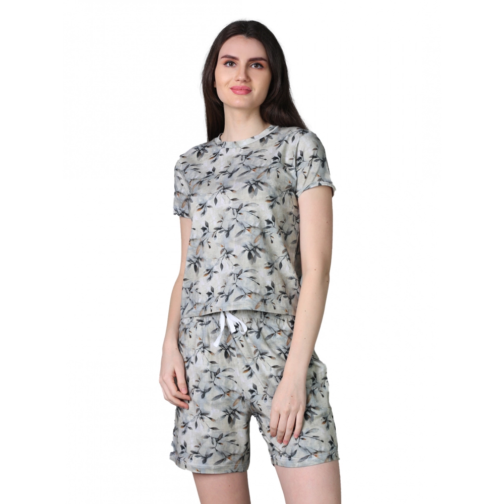 54090337460_72563e7994_o_d-1000x1000-1.webp Women's Cotton Blended Printed Round Neck Half Sleeve Top - Shorts Set (Grey) - Image 1