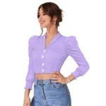 Women's Polyester Solid Puff Sleeves Lapel Collar Top (Purple) - Image 4