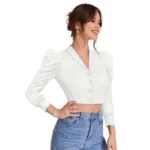 Women's Polyester Solid Puff Sleeves Lapel Collar Top (White) - Image 5
