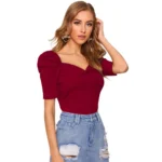 Women's Polyester Solid Puff Short Sleeves Sweetheart Neck Top (Maroon) - Image 5