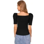 Women's Polyester Solid Puff Short Sleeves Sweetheart Neck Top (Black) - Image 2