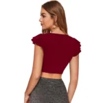 Women's Polyester Solid Short Sleeves V Neck Top (Maroon) - Image 2