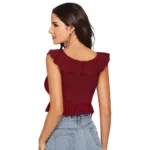Women's Polyester Solid Sleeveless Ruffle Neck Top (Maroon) - Image 2