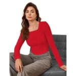 Women's Polyester Solid Full Sleeves Square Neck Top (Red) - Image 5