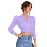 Women's Polyester Solid Puff Sleeves Lapel Collar Top (Purple) - Image 5