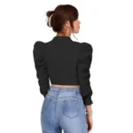Women's Polyester Solid Puff Sleeves Lapel Collar Top (Black) - Image 2