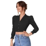 Women's Polyester Solid Puff Sleeves Lapel Collar Top (Black) - Image 4