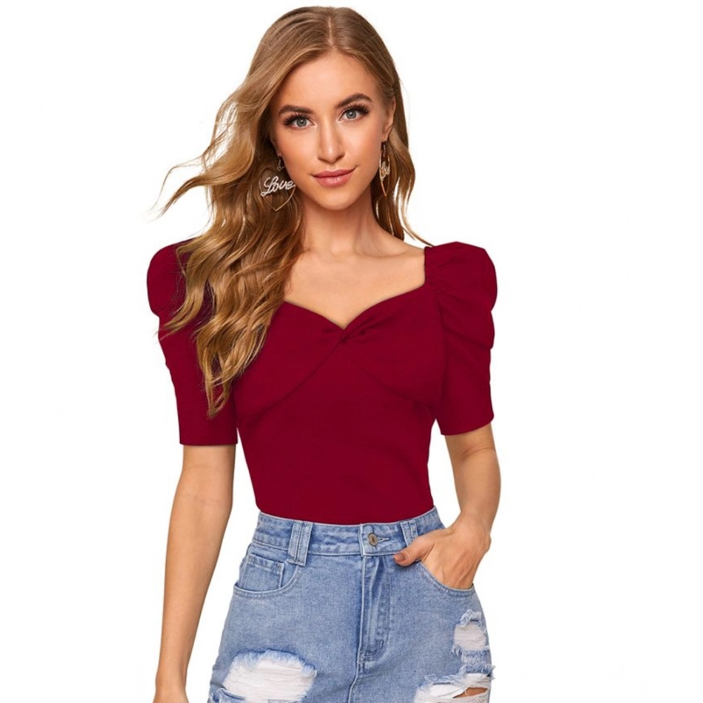 54154524816_d603f1dc42_o_d-1000x1000-1.webp Women's Polyester Solid Puff Short Sleeves Sweetheart Neck Top (Maroon) - Image 1