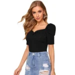 Women's Polyester Solid Puff Short Sleeves Sweetheart Neck Top (Black) - Image 4