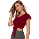 Women's Polyester Solid Short Sleeves V Neck Top (Maroon) - Image 4
