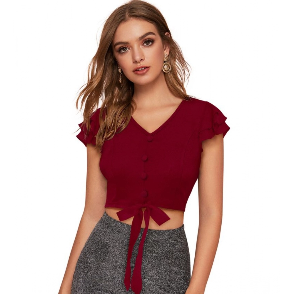 54154524866_d05106e0d2_o_d-1000x1000-1.webp Women's Polyester Solid Short Sleeves V Neck Top (Maroon) - Image 1