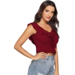 Women's Polyester Solid Sleeveless Ruffle Neck Top (Maroon) - Image 4