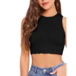 Women's Polyester Solid Sleeveless Round Neck Top (Black) - Image 2