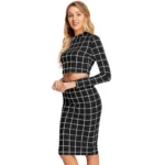 Women's Polyester Checkered Full Sleeves Stand Collar Crop Top Skirt Set (Black) - Image 4