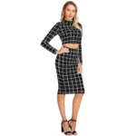 Women's Polyester Checkered Full Sleeves Stand Collar Crop Top Skirt Set (Black) - Image 5