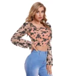 Women's Polyester Solid Full Sleeves Square Collar Top (Peach) - Image 5