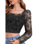 Women's Polyester Solid Full Sleeves Square Collar Top (Black) - Image 4