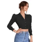 Women's Polyester Solid Puff Sleeves Lapel Collar Top (Black) - Image 5