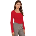 Women's Polyester Solid Full Sleeves Square Neck Top (Red) - Image 4