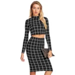 Women's Polyester Checkered Full Sleeves Stand Collar Crop Top Skirt Set (Black)