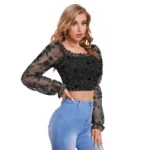 Women's Polyester Solid Full Sleeves Square Collar Top (Black) - Image 5