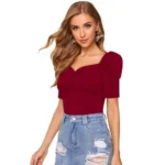 Women's Polyester Solid Puff Short Sleeves Sweetheart Neck Top (Maroon) - Image 4