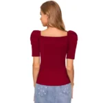 Women's Polyester Solid Puff Short Sleeves Sweetheart Neck Top (Maroon) - Image 2