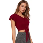 Women's Polyester Solid Short Sleeves V Neck Top (Maroon) - Image 5