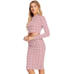 Women's Polyester Checkered Full Sleeves Stand Collar Crop Top Skirt Set (Pink) - Image 3