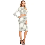 Women's Polyester Checkered Full Sleeves Stand Collar Crop Top Skirt Set (White) - Image 5